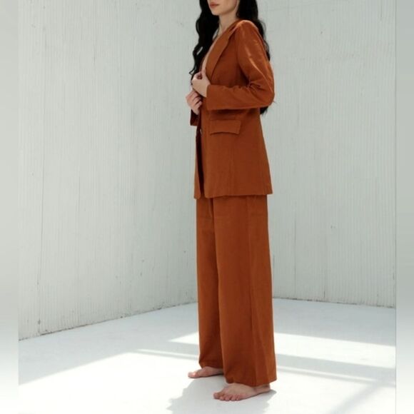 Votre Nom Two Piece Wide Leg High Waist Oversized Jacket Suit Set in Brown 6/8 - Picture 1 of 16